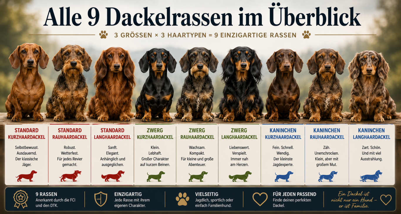 Alle Dackelrassen im Überblick Die verschiedenen Arten von Dackeln nebeneinander
