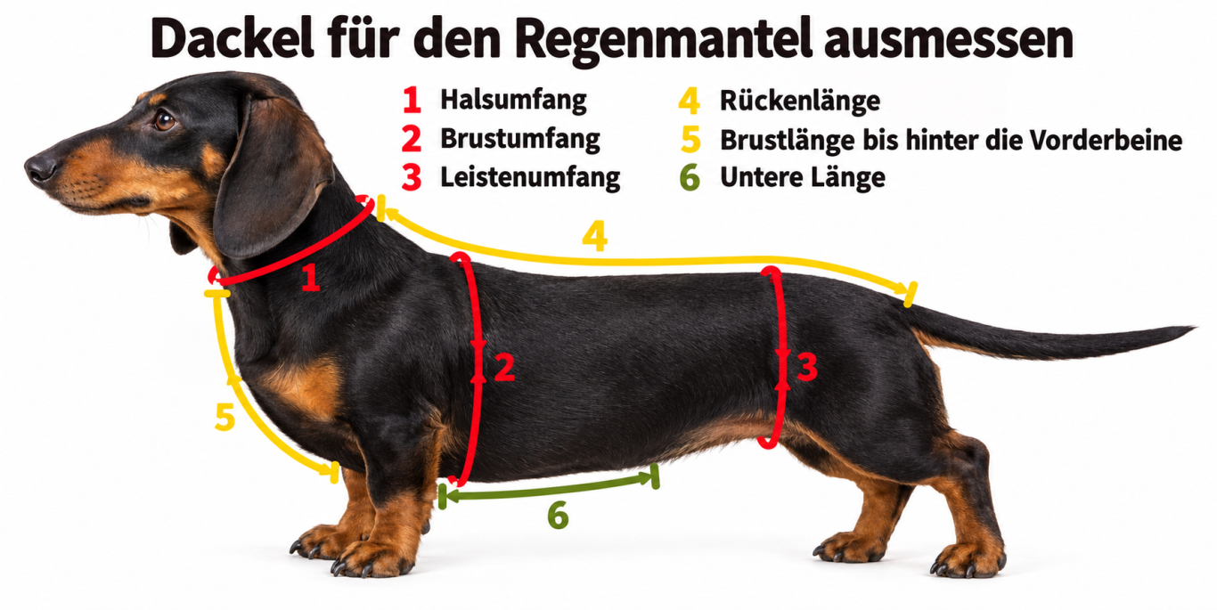 Dackel für Regenmantel ausmessen Maß nehmen beim Dackel, damit der Regenmantel auch passt
