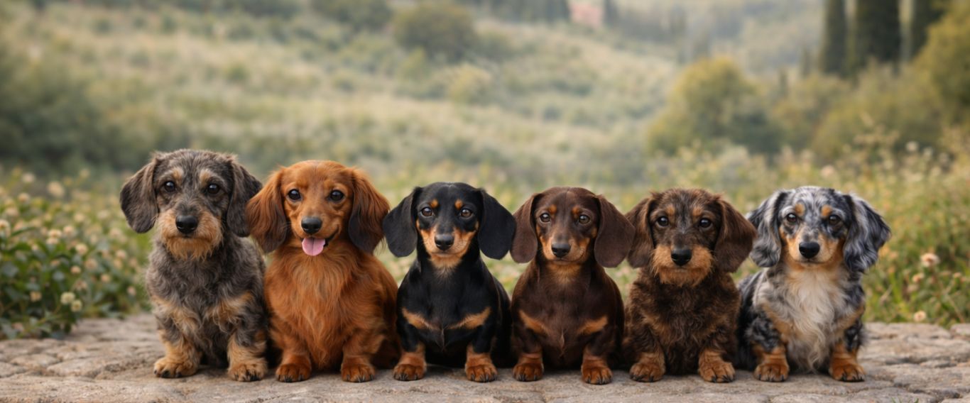 Kaninchendackel in verschiedene Farben sitzen nebeneinander 